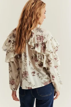 Women's beige floral frill blouse