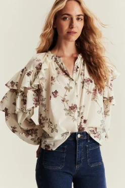 Women's beige floral frill blouse