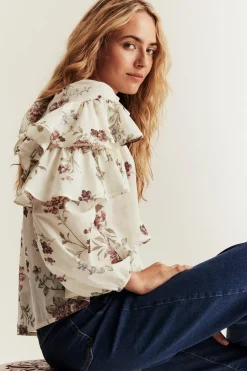Women's beige floral frill blouse