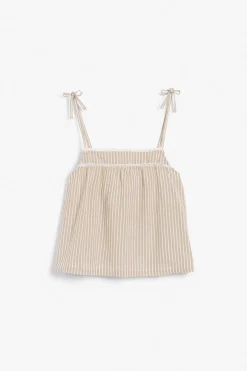 Womens beige striped tie shoulder top