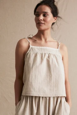 Womens beige striped tie shoulder top