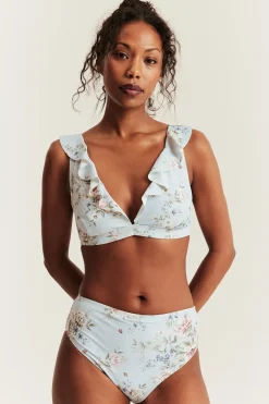 Women's blue floral frill bikini top