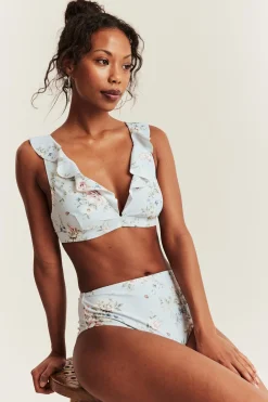 Women's blue floral frill bikini top