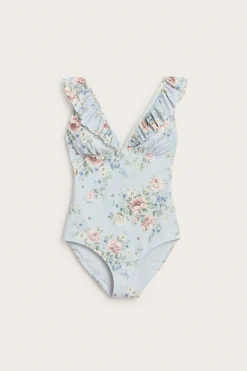 Women's blue floral swimsuit with frill detail