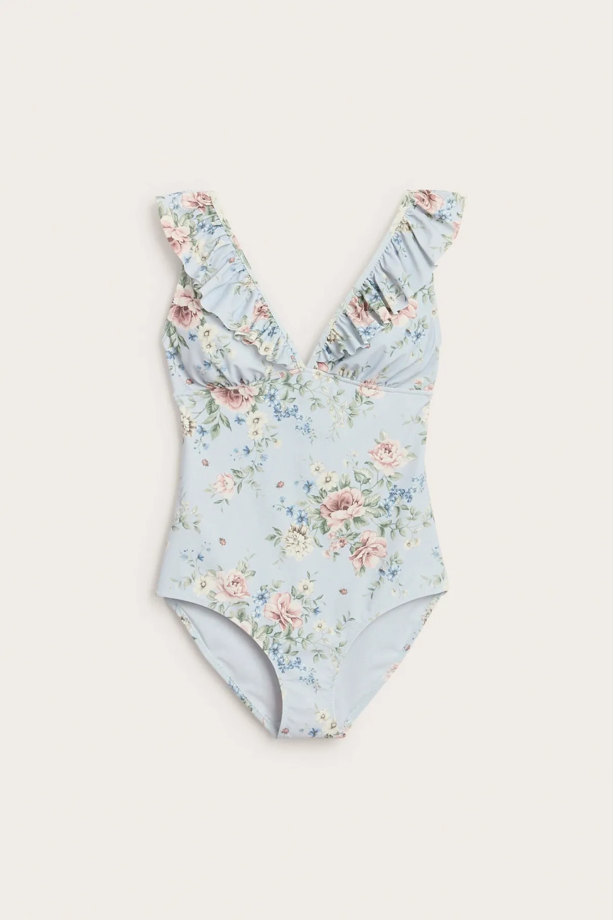 Women's blue floral swimsuit with frill detail