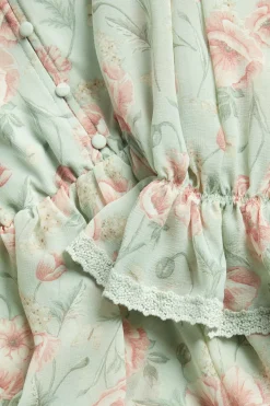 Women's green floral short chiffon dress