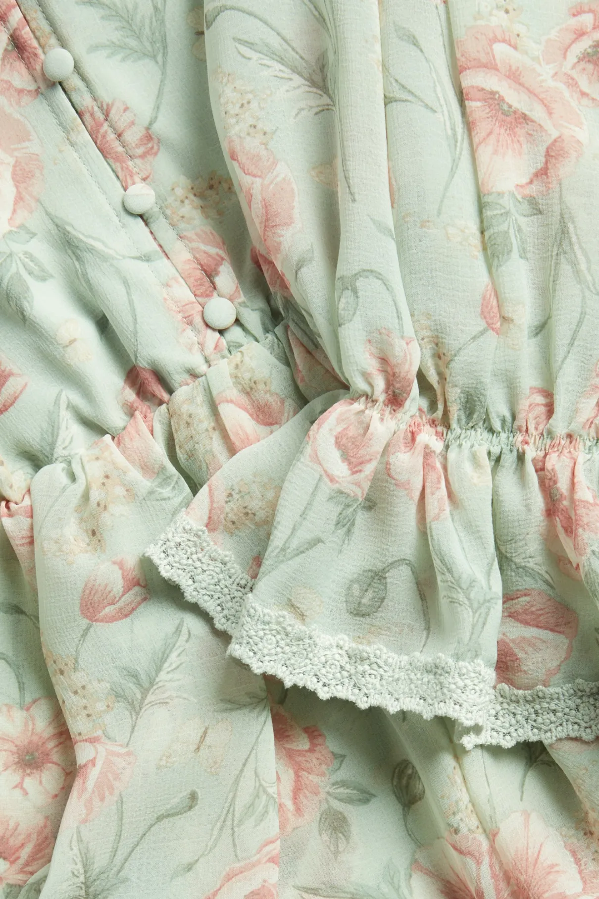 Women's green floral short chiffon dress