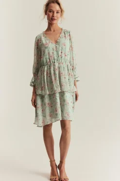 Women's green floral short chiffon dress