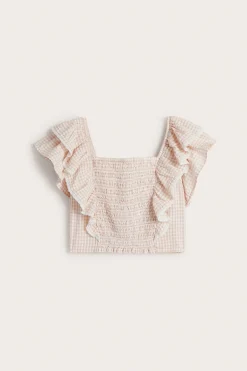 Women's pink checked frill blouse