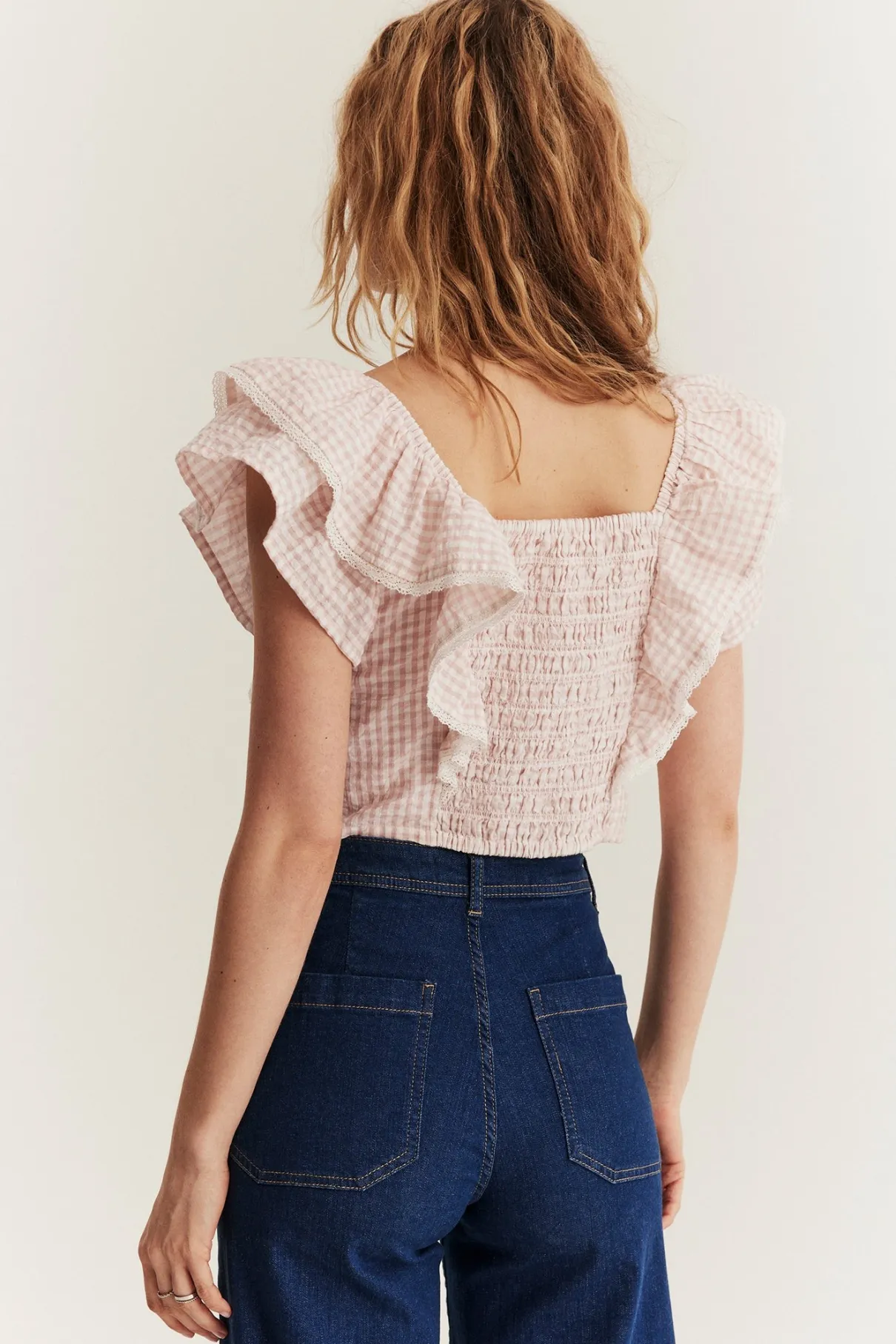 Women's pink checked frill blouse