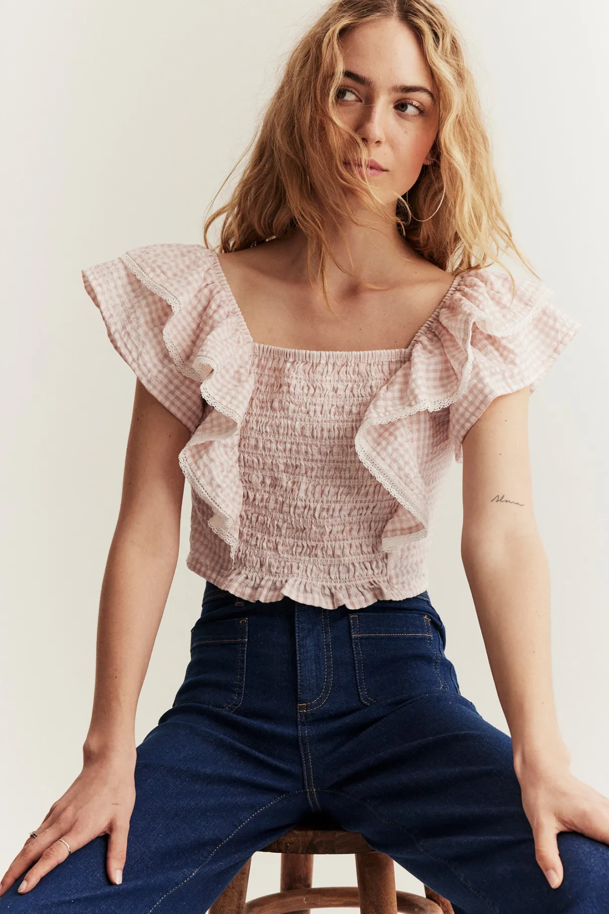 Women's pink checked frill blouse