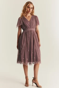 Women's pink floral mesh dress with embroidery