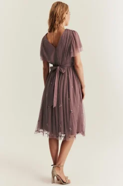 Women's pink floral mesh dress with embroidery
