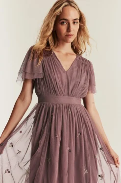 Women's pink floral mesh dress with embroidery