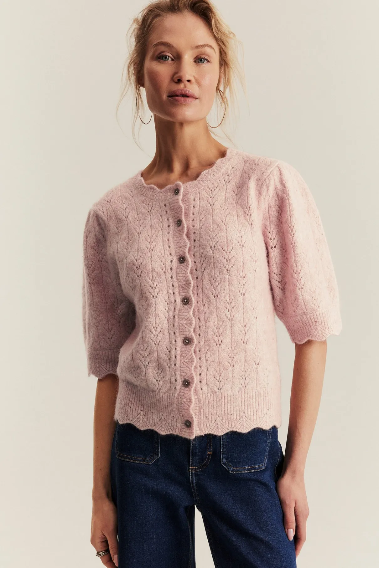Women's pink wool blend short-sleeve cardigan