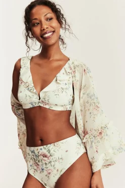 Women's white floral frill bikini top