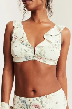 Women's white floral frill bikini top