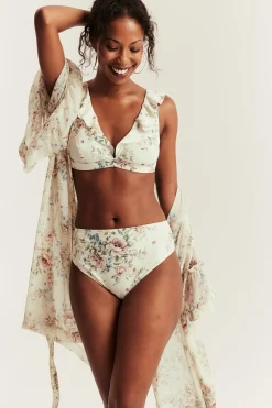 Women's white floral frill bikini top