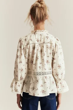 Women's white floral three-quarter sleeve blouse