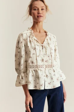 Women's white floral three-quarter sleeve blouse