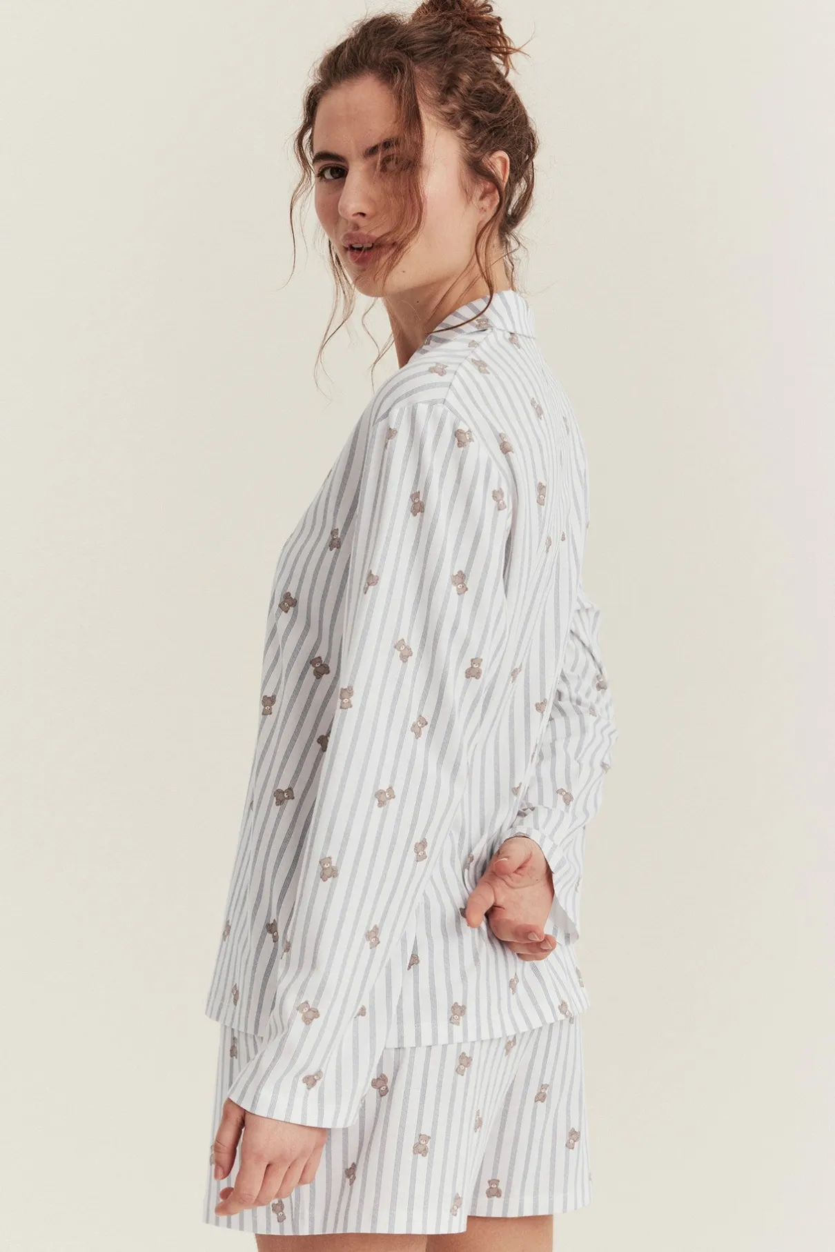 Women's white striped teddy bear pyjamas