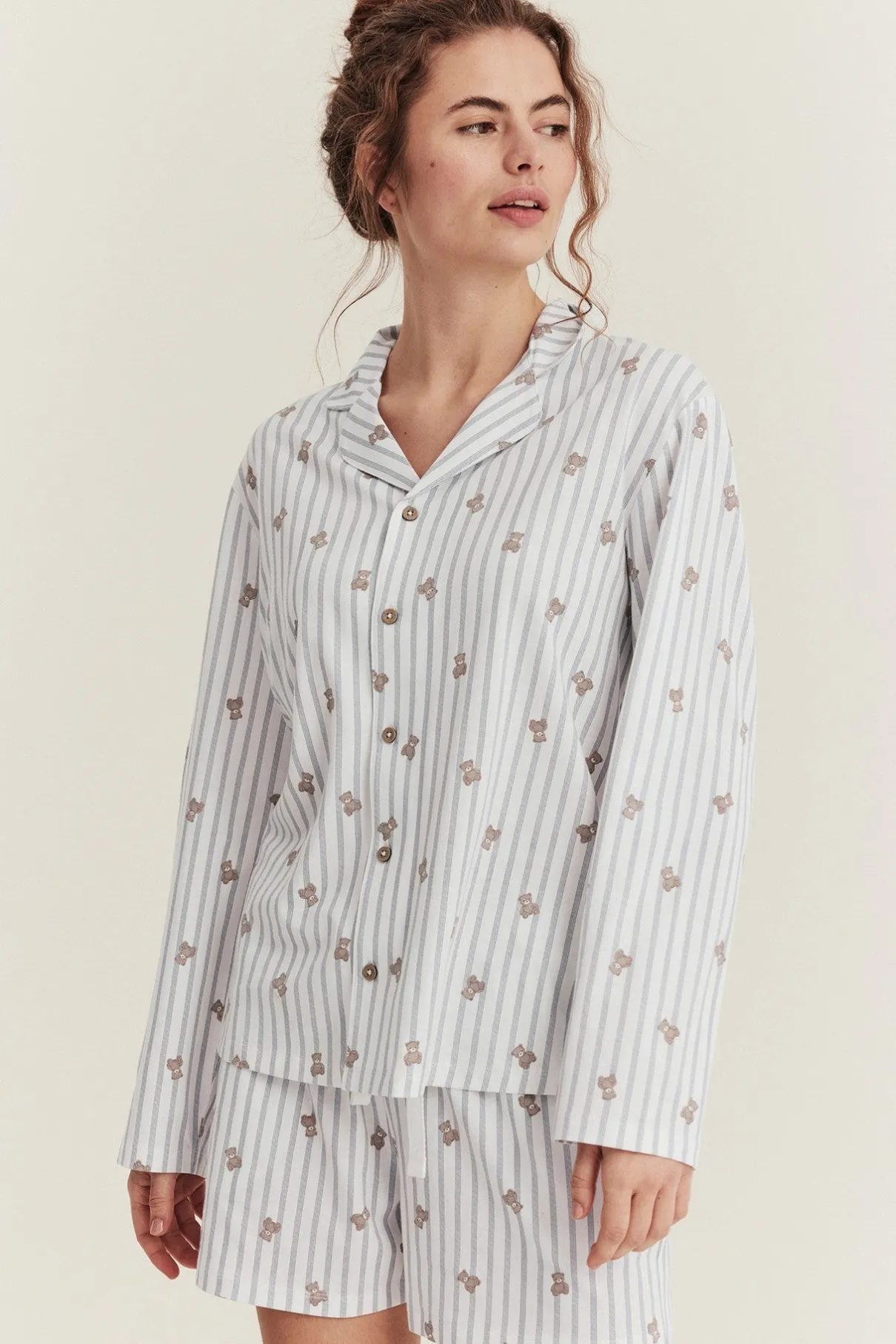 Women's white striped teddy bear pyjamas