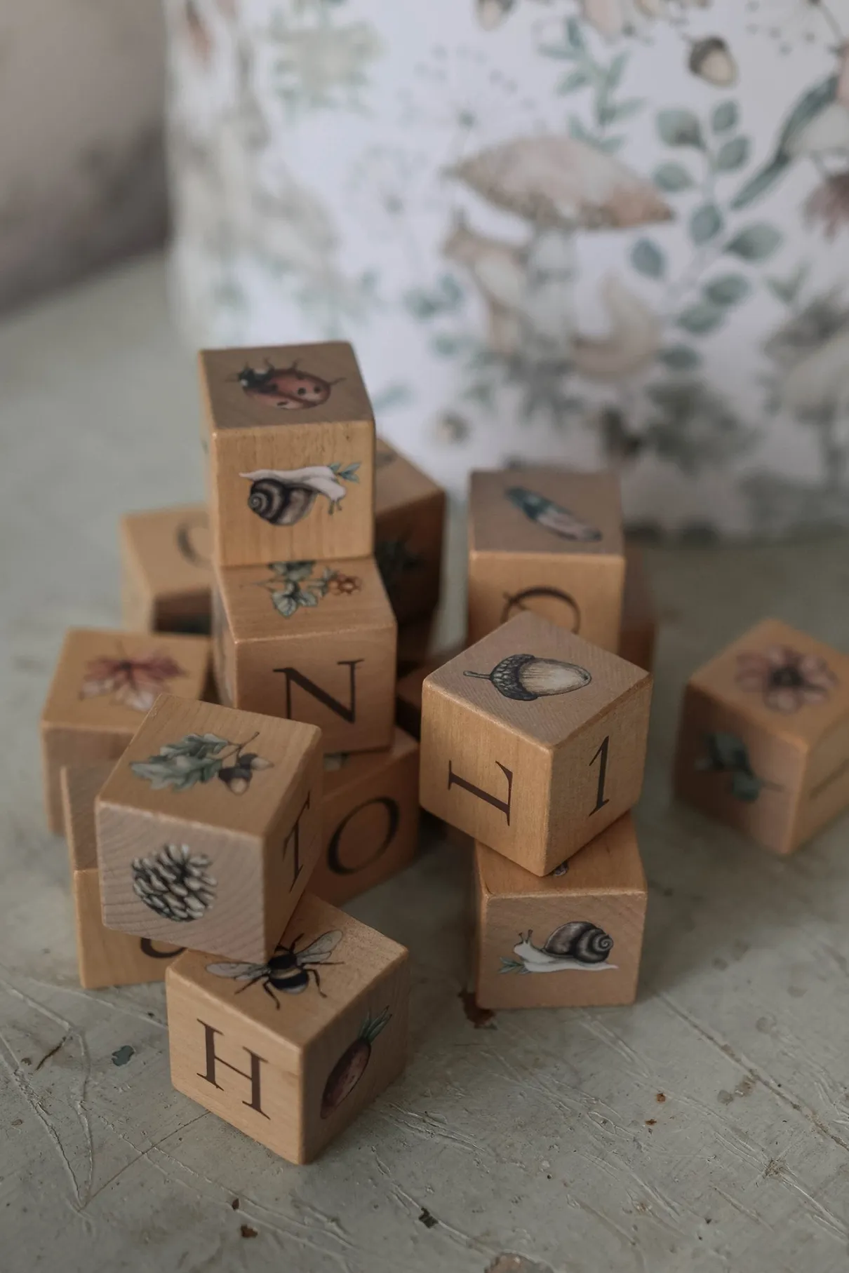 Wooden blocks forest motifs